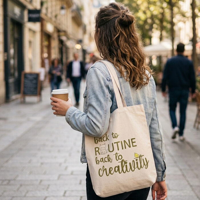 βαμβακερή tote bag με το μήνυμα back to routine back to creativity