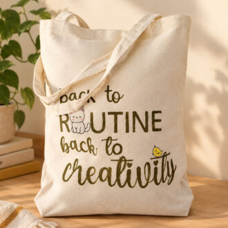 βαμβακερή tote bag με το μήνυμα back to routine back to creativity