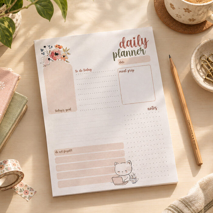 Μπλοκ σημειώσεων Daily Planner A5 50 φύλλα με λουλούδια και γατάκι lazycat