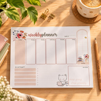 Επιτραπέζιο εβδομαδιαίο planner A4 52 φύλλα weekly desk pad με λουλούδια και γατάκι lazycat