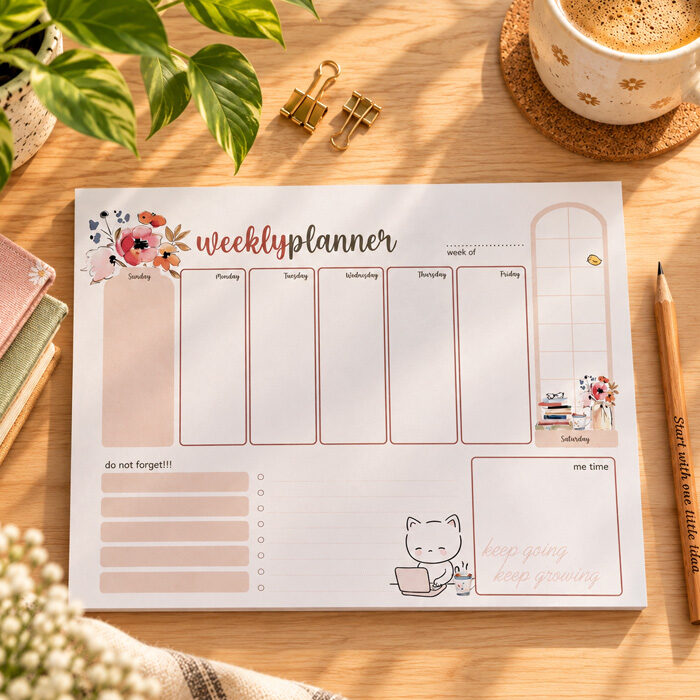 Επιτραπέζιο εβδομαδιαίο planner A4 52 φύλλα weekly desk pad με λουλούδια και γατάκι lazycat