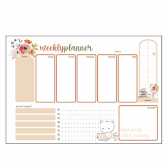 Επιτραπέζιο εβδομαδιαίο planner A4 52 φύλλα weekly desk pad με λουλούδια και γατάκι lazycat